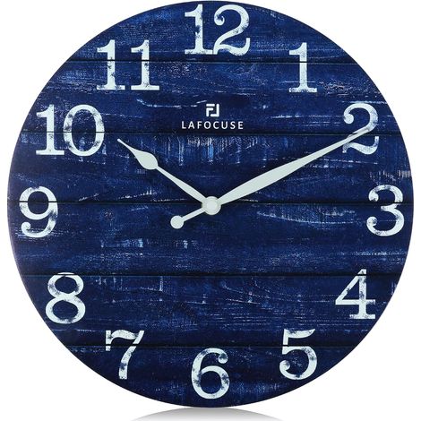 Horloge Murale Bois Silencieuse Retro, Rustique Vintage Pendule Murale Bleu, Shabby Chic Deco sans Tictac Maison Salon Cuisine Chambre Bureau 30cm (1/5)