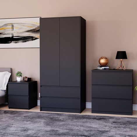 3 Piece Denver Bedroom Set, 2 Drawer Large Bedside Chest, 3 Drawer Chest, 2 Door 2 Drawer Wardrobe, Black (1/2)