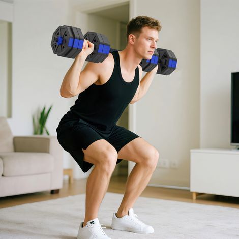 6-in-1-Krafttrainingsset mit Kurzhanteln: Verstellbare 30-kg-Kettlebell, Liegestützgriff, blau (1/5)