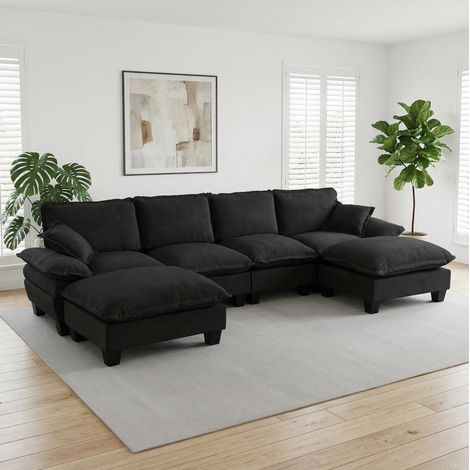 Canapé d’angle modulable 323x151x90 cm noir en chenille avec ottomane amovible 6 places (1/5)