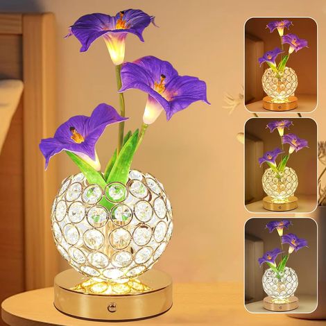 Lampe de table en forme de fleur,3 couleurs,veilleuse en cristal à intensité variable en continu,lumière artificielle rechargeable,fleur LED avec vase,décoration romantique pour rendez vous,fête (1/5)
