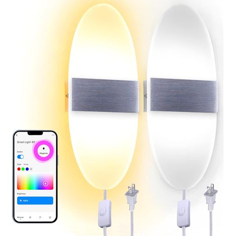 2PCS RGB+CCT Wall lamp, Wall Lights for Bedroom, 3000K-6000K Stepless Dimming Smart Wall Sconces with Bluetooth Control Hardwired Wall Mounted with 6FT Plug in Cord and On/Off Switch (1/5)