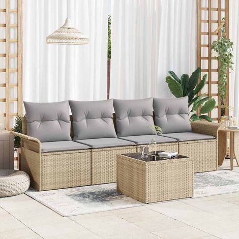 Gartensofa-set mit Kissen 5 pcs Beige und Grau Poly-Rattan