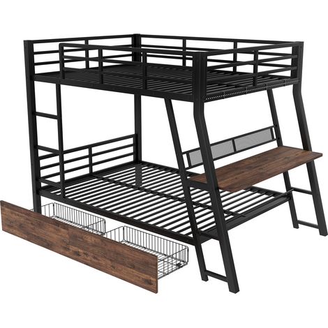 Lit mezzanine 140x200 cm, structure métallique, bandeau LED, tiroirs, garde-corps, échelle, bureau, noir, matelas non inclus (1/5)