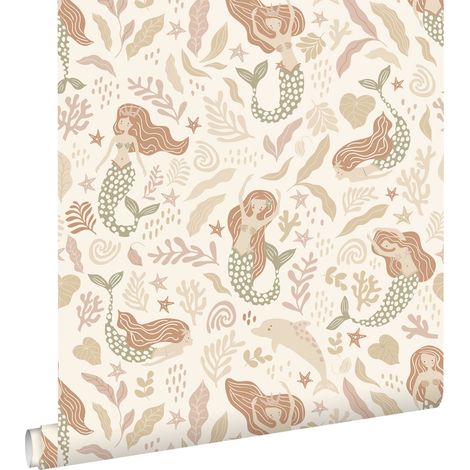 papier peint sirènes vert grisé, beige et terracotta  - ESTAhome (1/5)