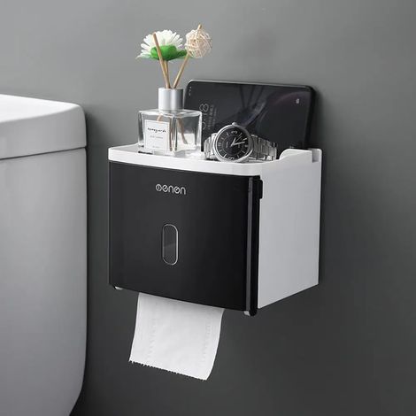 (Noir) Rangement pour papier toilette étanche sans perforation, distributeur de papier en rouleau/à tirer (1/5)