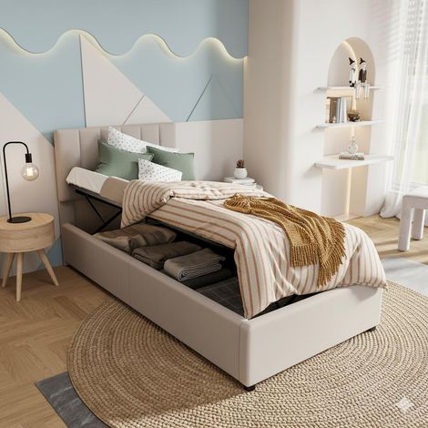 Lit 90x200cm - Lit Coffre 90x200 et Sommier - Lit Enfant Rembourré 90 - Tissu Lin Doux pour la Peau - Beige (1/5)
