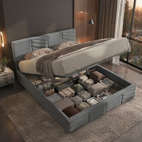 Letto contenitore 140x190 cm, con testiera regolabile e sollevamento idraulico, in velluto grigio, senza materasso (1/5)
