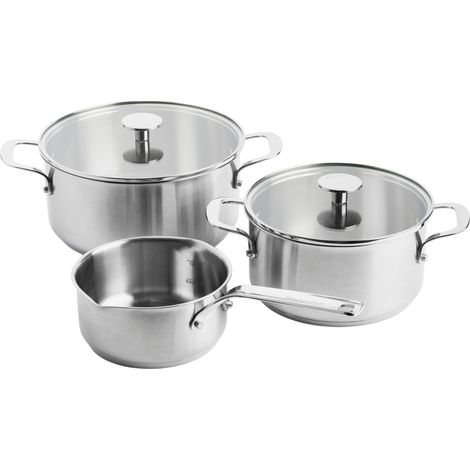 KitchenAid - Stainless Steel Sheet Set: Casserole 20cm with lid, Casserole 24cm with lid, Saucepan 16cm (all uncoated) - Silver