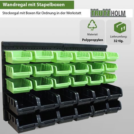 32tlg Stapelboxen mit Wandregal Set für Werkstatt Lager Schraubenbox Schütten zum Beschriften (1/5)