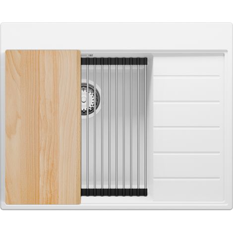 PRIMAGRAN Evier Cuisine en Granit 62x50cm, Lavabo 1 bac + Kit de Vidage + Accessoires, Évier à Encastrer au meuble 45cm - Sydney, Blanc (1/5)