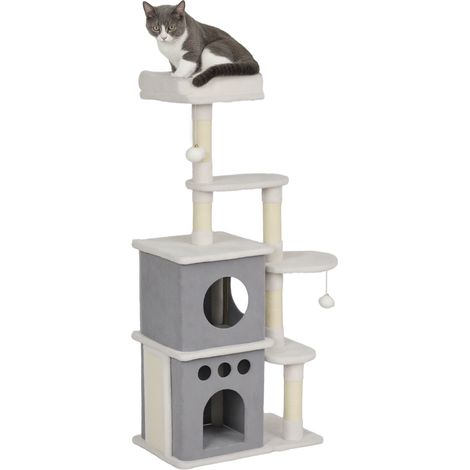 Katzenkratzbaum 126 cm mit Nestern, Plattformen, Hängebällen und Sisalstämmen, Creme