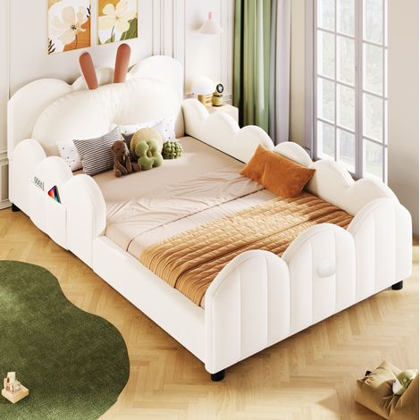 Lit rembourré 90 x 200 cm avec coussin lapin, beige, avec barrières de sécurité (1/5)
