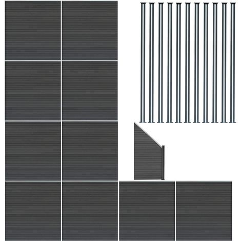 Kit Clôture Panneaux en Bois Composite Gris 10 Quadratique, 1 Incliné 185 H x 18,3 m L & 11 Poteaux en Aluminium à LED Solaires Lames à Emboîter Texture Bois Reversible PVC Brise-Vue Extérieur Jardin