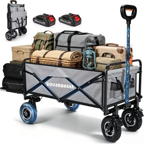 Chariot Électrique Pliable 240L Capacité 80kg Électrique /120kg Manuel 2 Moteurs Sans Balais 50W Roues Gonflables Jante Aluminium Compatible Makita 14,4V pour Camping Jardin Gris Courses (1/5)