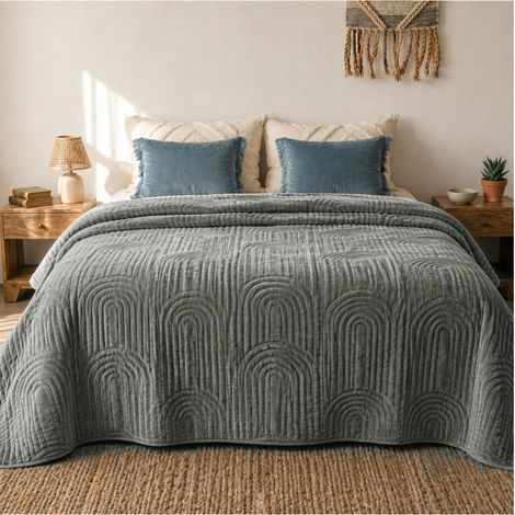 Couvre-lit 170x220 - Couvre-lit en velours style Bohème, couverture de lit en velours, couvre-lit en velours pour canapé, couvre-lit matelassé pour canapé, gris anthracite (1/5)