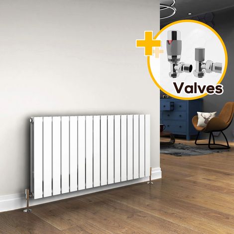 ELEGANT 600 x 1216 mm White Designer Radiators Horizontal Double Flat Panel Bathroom Radiator Heater + Chrome Thermostatic Radiator Valves (1/5)