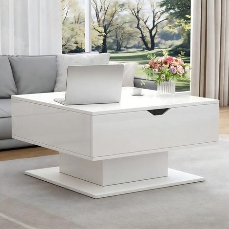 Table basse 80x80x40, plateau relevable table basse salon, design high-gloss blanc, rangement semi-ouvert (1/5)