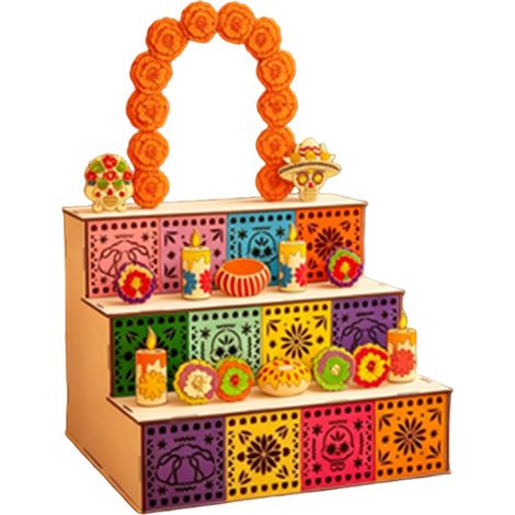 Altar de madera para el Día de Muertos, adorno de santuario con candelabro y figura de esqueleto, decoración para el hogar y conmemoraciones mexicanas. (1/5)