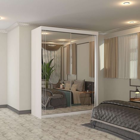 Modern 2 Door Sliding Wardrobe with Full Mirror and Shelves - White 150cm (1/2)
