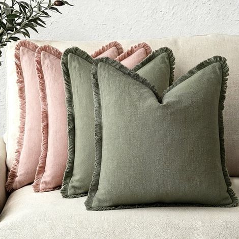 Juego de 4 fundas decorativas de lino para cojines con flecos. Fundas acogedoras de estilo bohemio con borla，color verde militar，45 x 45 cm，verde (1/5)