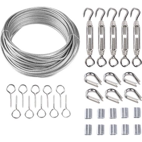 Kit de câble en acier - Fil de jardin - Rouleau de clôture en fil métallique - Câble en acier inoxydable de 15 m - Câble en acier avec crochets à œil - Boulons à œil, vis de tension (1/5)