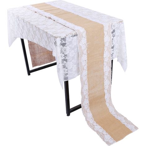 Chemin de table vintage en toile de jute avec dentelle en jute naturelle, style rustique, décoration de mariage, n° 3, blanc, 30 x 275 cm (1/5)