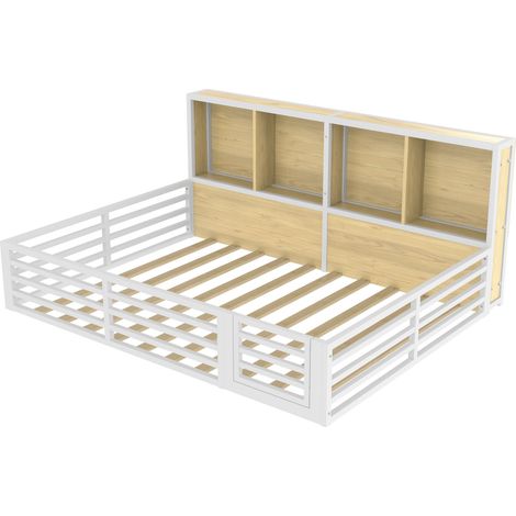 Lit à barrières, 140 x 200 cm, lit de jour, plateforme, côté de lit avec compartiment de rangement, lit avec sommier à lattes (sans matelas), garde-corps, métal, blanc