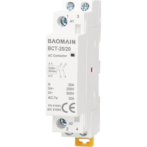 Contacteur modulaire bipolaire 220 V CA, 20 A 2 NO Normalement ouvert, Montage sur rail DIN pour CVC, moteurs, pompes et commande d’éclairage BCT-20/20-220VAC (1/5)