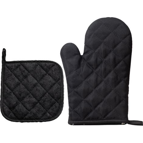 2 accessoires de cuisine, maniques et dessous de plat, polyester noir rouge argent, 27x17 cm et 18x18 cm, protection thermique (1/5)