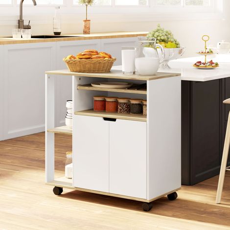 Carrello da cucina su ruote con vano portaoggetti, armadietto, ripiani regolabili, per cucina, soggiorno, sala da pranzo, bianco