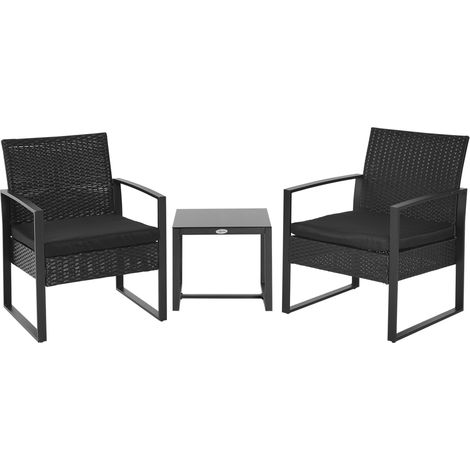 Salon de jardin 2 places 3 pièces noir en résine tressée 4 fils imitation rotin, avec 2 chaises, coussins et table basse à plateau en verre trempé (1/5)