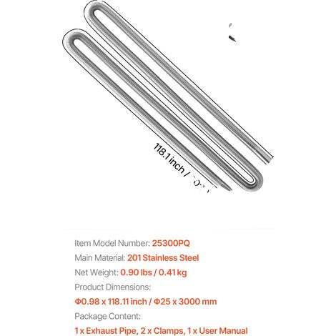 Tubo de escape, acero inoxidable, diseño flexible, 118 pulgadas (1/2)
