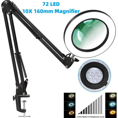 Loupe éclairée avec 72 LED, grossissement 8X/10X, nouveau USB, 3 couleurs, pour réparation de fers à souder, lampe de table et soin de la peau, 27MM -- Blanc (1/5)