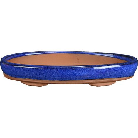 Vaso per bonsai ovale in gres smaltato blu 28,5x19x3 cm - BJA13b