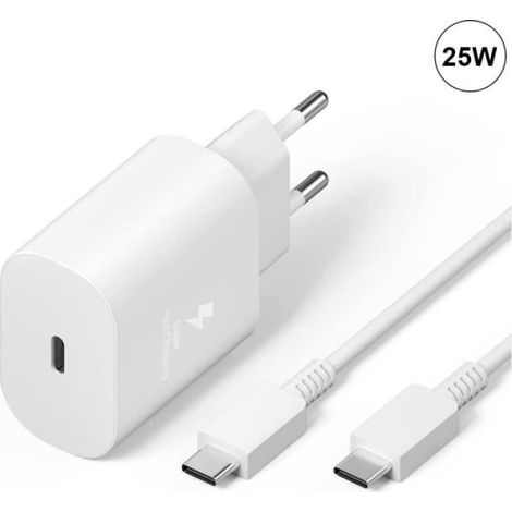 Chargeur USB-C blanc 25 W + câble USB-C pour Samsung Galaxy A25, A15, A05, A05s, A35 et A55 (1/4)