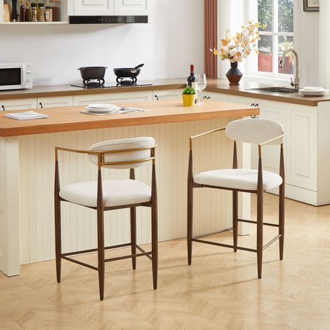 MODFU - Set di 2 sgabelli da bar con braccioli, stile country moderno, struttura in metallo marrone scuro, seduta in tessuto beige (1/5)
