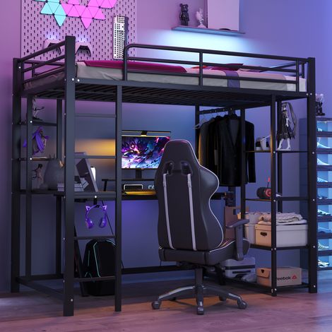 REDOM Hochbett 204x95x180 cm, mit Schreibtisch und Regalen, mit Kleiderstange, Metall, Schwarz (1/5)