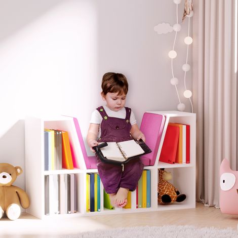 Bibliothèque banc 2 en 1 avec coussins, 6 compartiments ouverts 2 niveaux, meuble rangement pour salon, chambre, rose, 102 x 30 x 61 cm