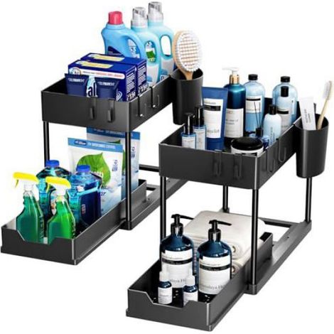 Rangement Sous Évier - Organisateur Cuisine 2 Étages avec Tiroirs Amovibles - 40 x 17,2 x 33,5 cm - Noir - Lot de 2 (1/4)