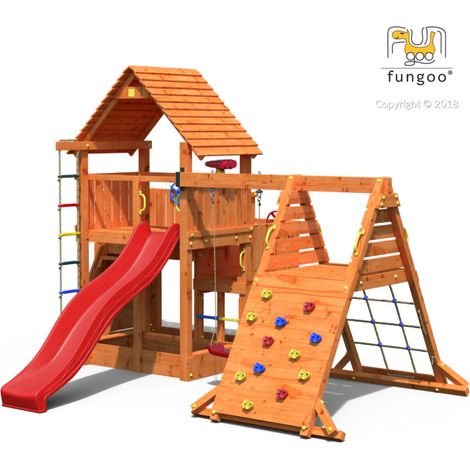 Fungoo Spielturm "Big Leader Spieder Red", teak, mit Einzelschaukel, Kletterturm, Rutsche und Sandkasten
