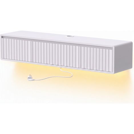 Meuble TV suspendu flottant 120 cm - Blanc - Avec éclairage LED et prises, pour téléviseur 65 pouces - Pour salon - Design moderne (1/5)