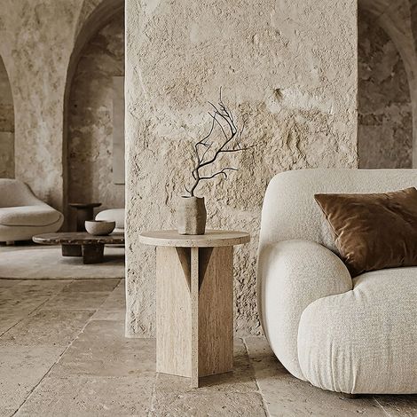 The Home Deco Factory – Table d'appoint effet pierre naturelle 30 cm – Design arrondi blanc et beige – Compacte pour espaces réduits – Élégante et décorative (1/4)