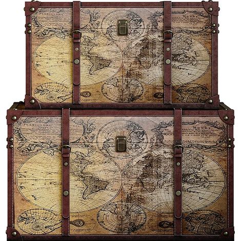 Baule in legno motivo mappamondo L. 69xP. 43xH. 40cm e L. 59xP. 36xH. 33cm Marrone - Lotto di 2 - AVENTURA (1/3)