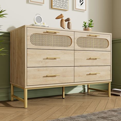 Sideboard mit 6 Schubladen, Rattanschrank, Metallgriffe, Kommode im rustikalen Stil für Wohnzimmer/Schlafzimmer, Kippschutz, 120 x 40 x 74 cm, Sonoma-Eiche