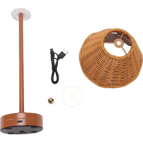 Vintage LED-Tischlampe aus Rattan, 3 Farben, kabelloser Lampenschirm aus Weide, Nachttischlampe, einstellbare Helligkeit für die Schlafzimmerdekoration, braun. (1/5)