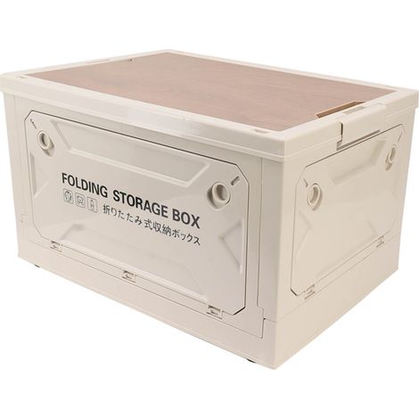 Boîte de rangement pliable pour le camping avec couvercle en bois, bac de rangement pliable à roulettes pour voiture, camping et pique-nique, gris et blanc (1/5)