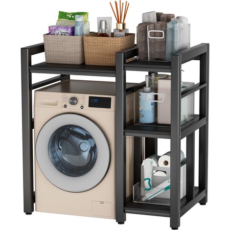 Meuble dessus machine à laver avec étagères – Support pour lave-linge séchant - portante 300kg - 3 niveaux de réglage de la hauteur - Fer+MDF – 100×63×105cm – Noir - Convient aux petits appartements (1/5)