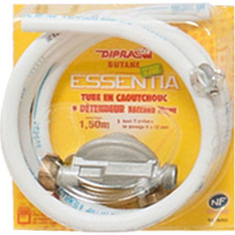 DIPRA - Tuyau en caoutchouc 1m50 + détendeur à sécurité butane + 2 colliers de serrage Butane - Certifié NF