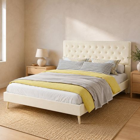 Cama 140x200 cm de tela y metal beige con cabecero capitoné DESVIAE (1/5)